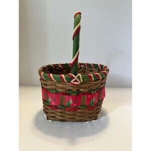 Vintage Woven Christmas Basket: Red Green Trees, Rustic Cottage Decor